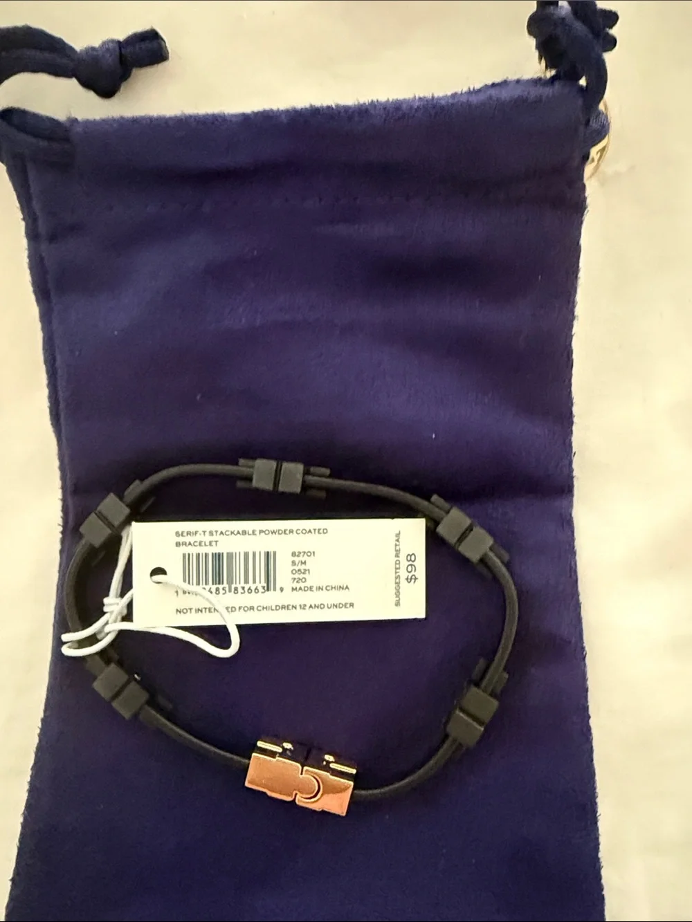 Tory Burch Black Leather Slim Logo Bracelet with Gold Accents